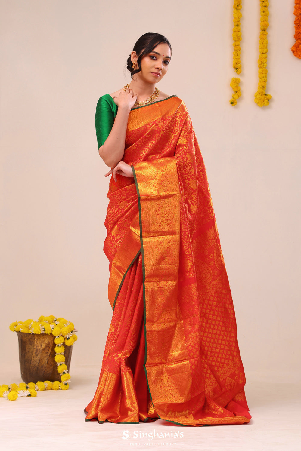 Bright Red Jaali Kanjivaram Silk Saree