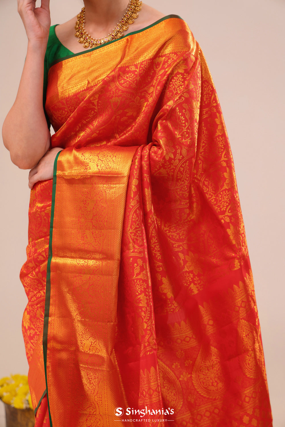 Bright Red Jaali Kanjivaram Silk Saree