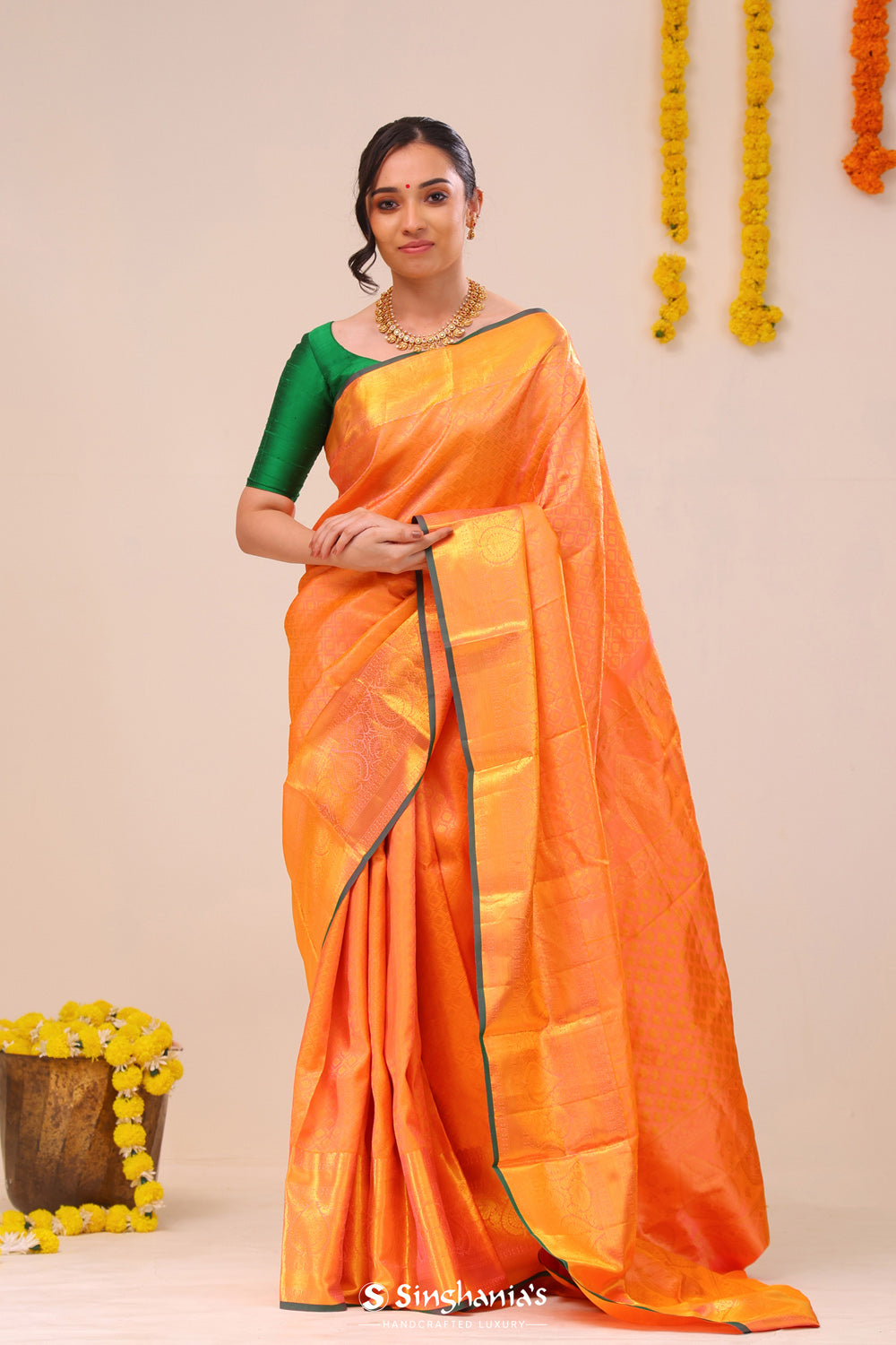 Bright Peach Jaali Kanjivaram Silk Saree