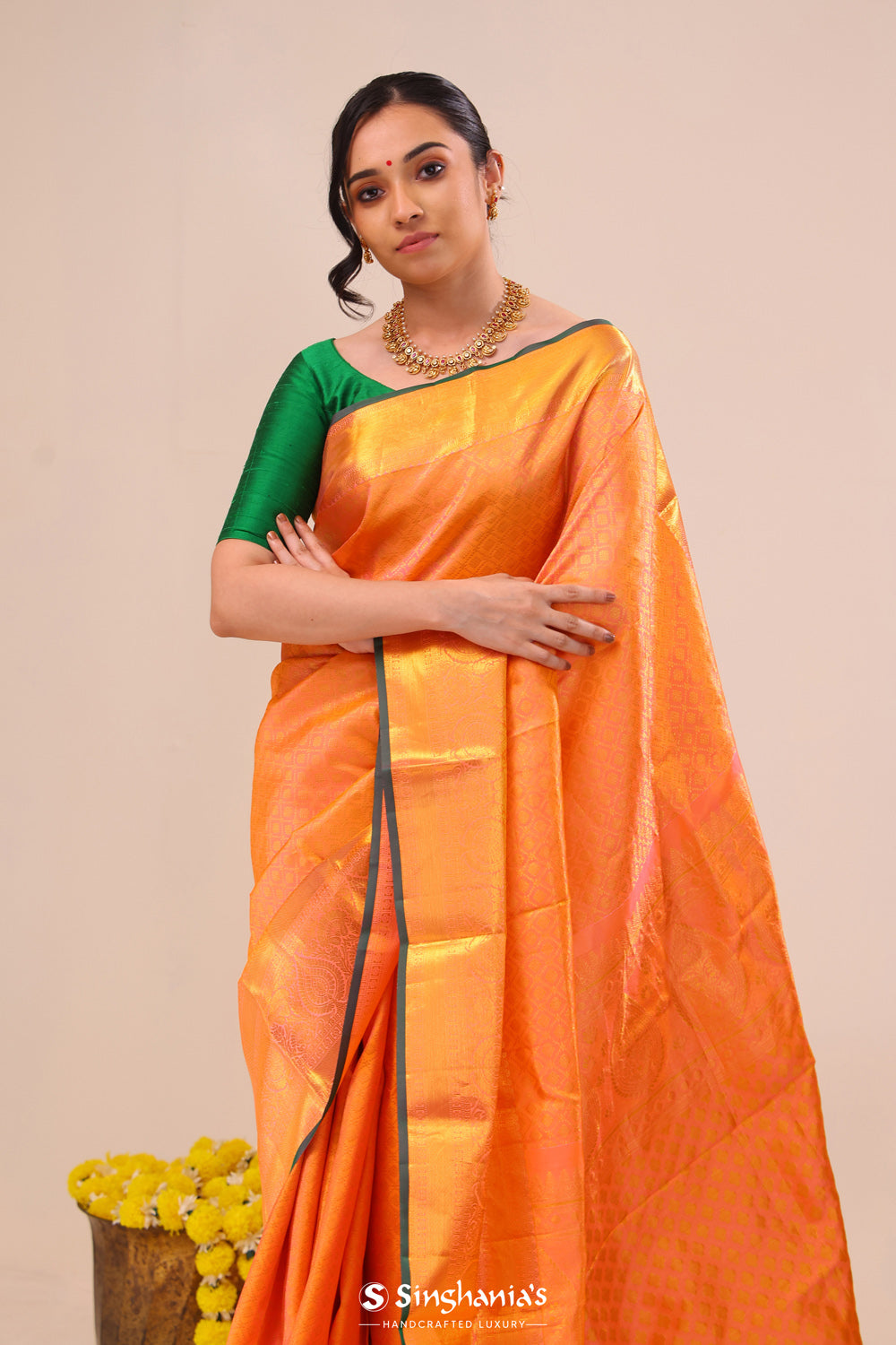 Bright Peach Jaali Kanjivaram Silk Saree