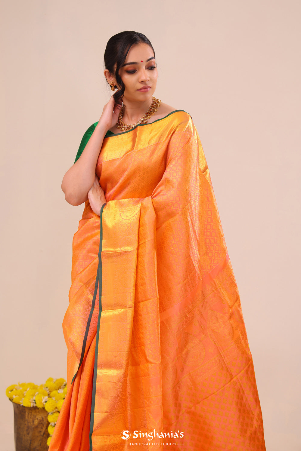 Bright Peach Jaali Kanjivaram Silk Saree