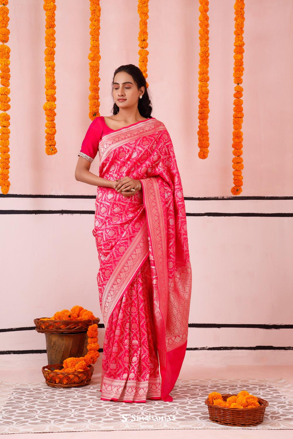 Bright Pink Banarasi Silk Saree With Floral Jaal Weaving