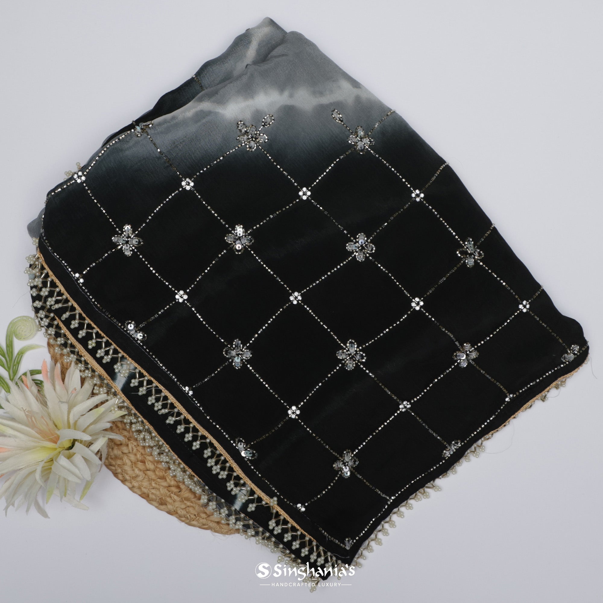 Dark Black-Grey Soft Silk Saree With Leheriya Pattern And Embroidery