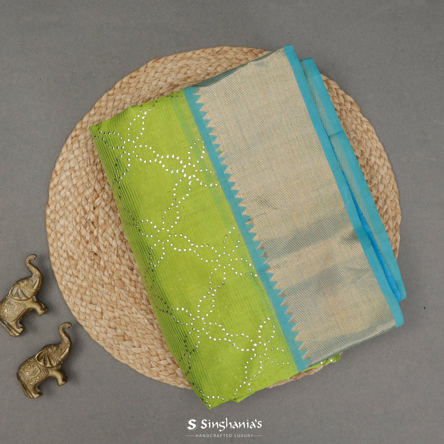 Lime Green Silk Saree With Mukaish Work In Floral Grid Pattern