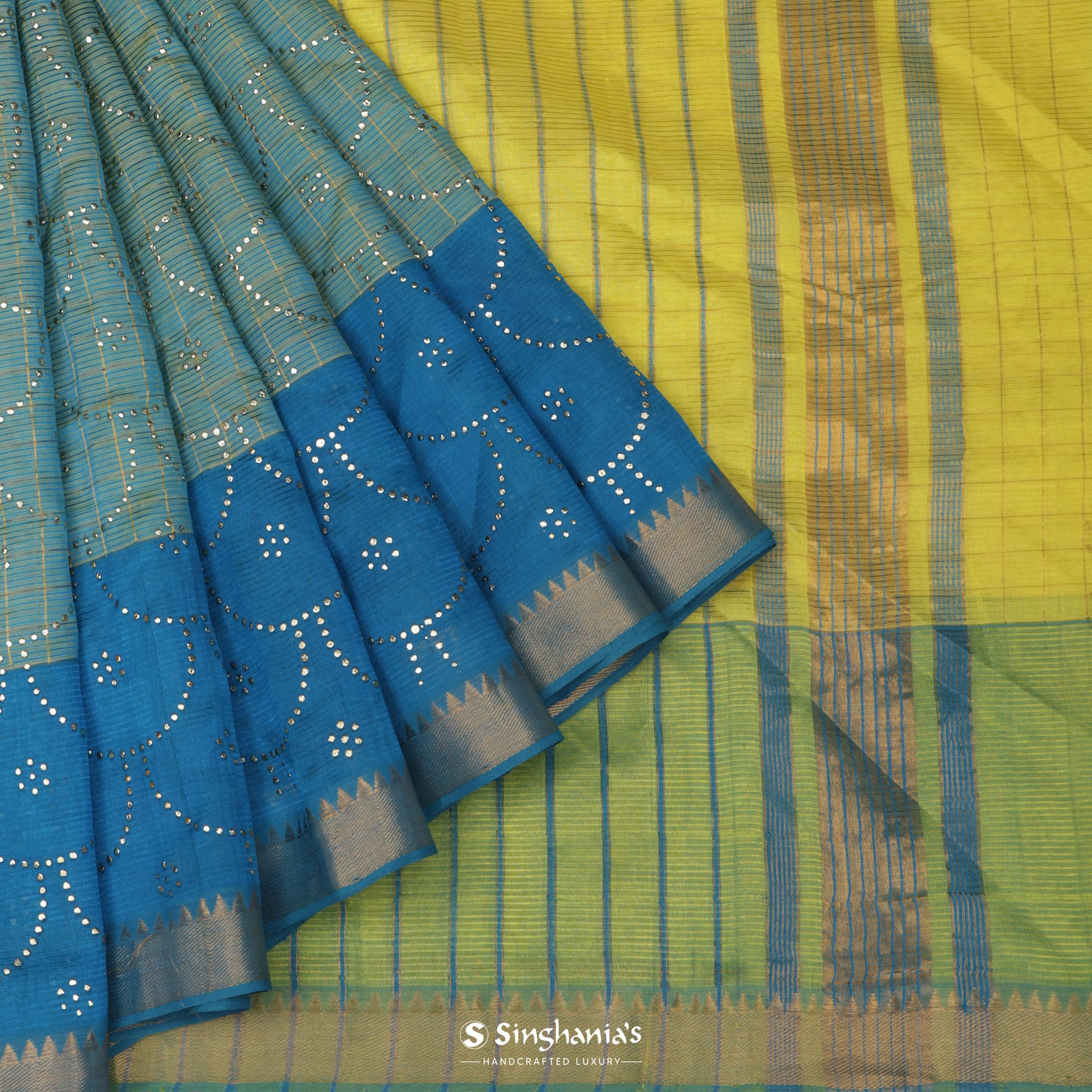 Powder Blue Silk Saree With Mukaish Work On Checks Pattern