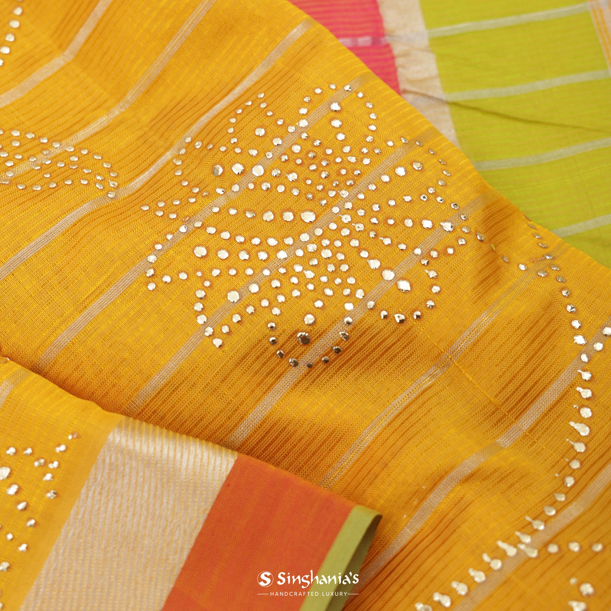 Amber Yellow Silk Saree With Mukaish Work On Checks Pattern