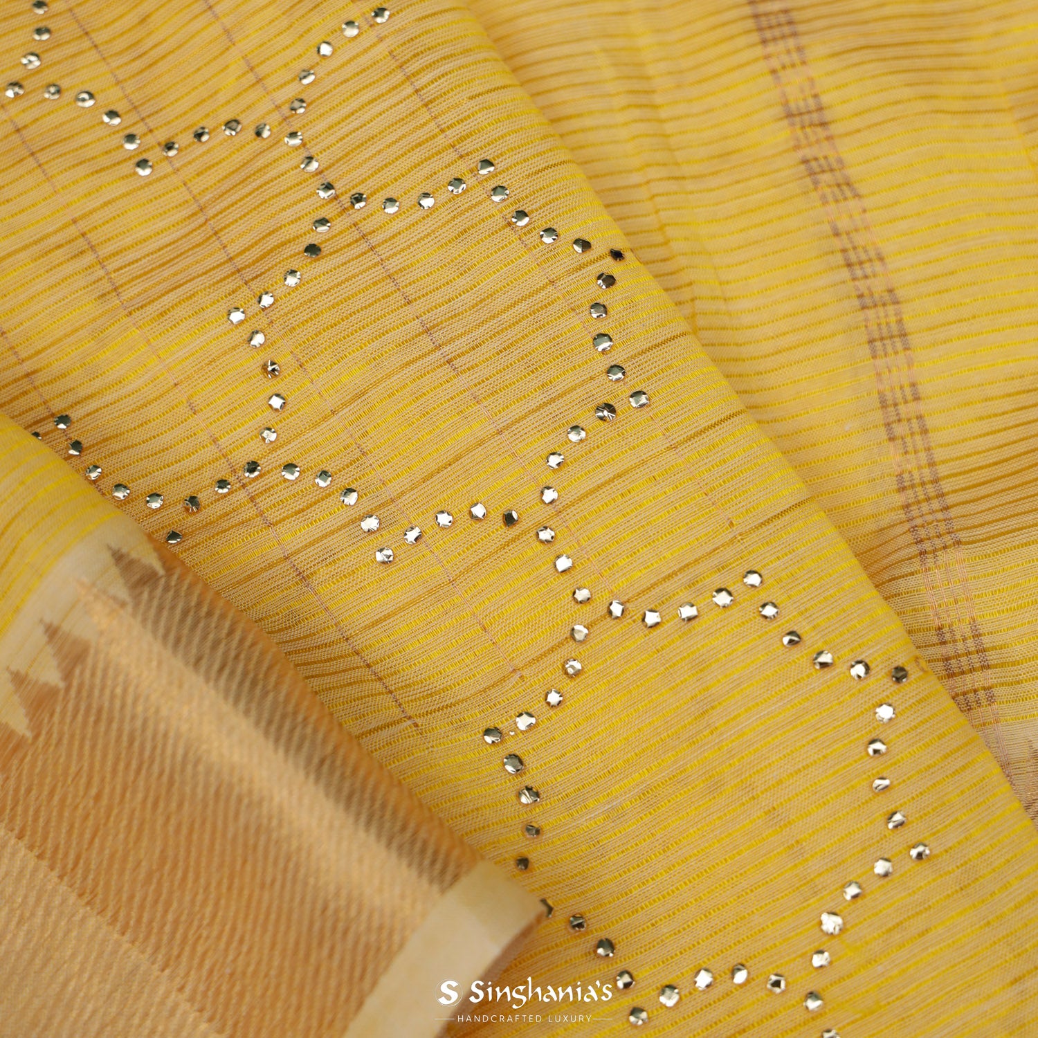 Vibrant Yellow Silk Saree With Mukaish Work In Grid Pattern