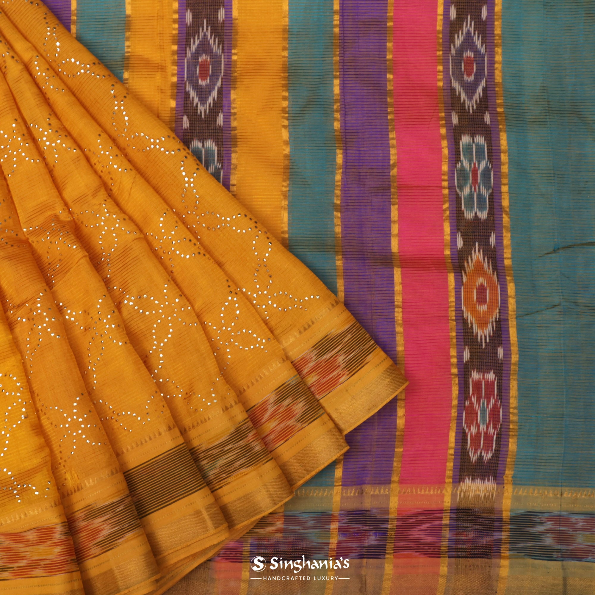 Orange-Yellow Silk Saree With Mukaish Work On Checks Pattern With Patola Border