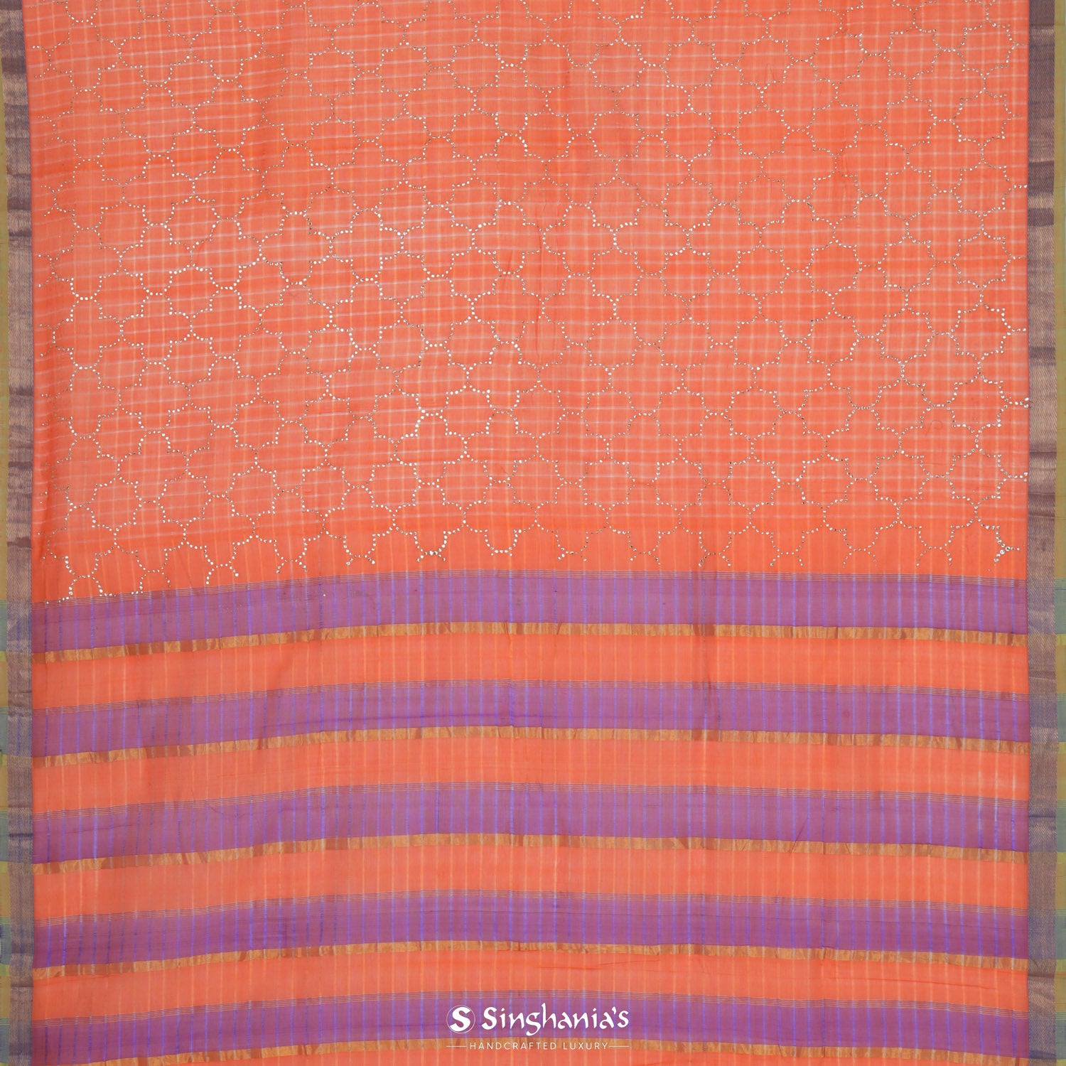 Pantone Orange Silk Saree With Mukaish Work In Grid Pattern