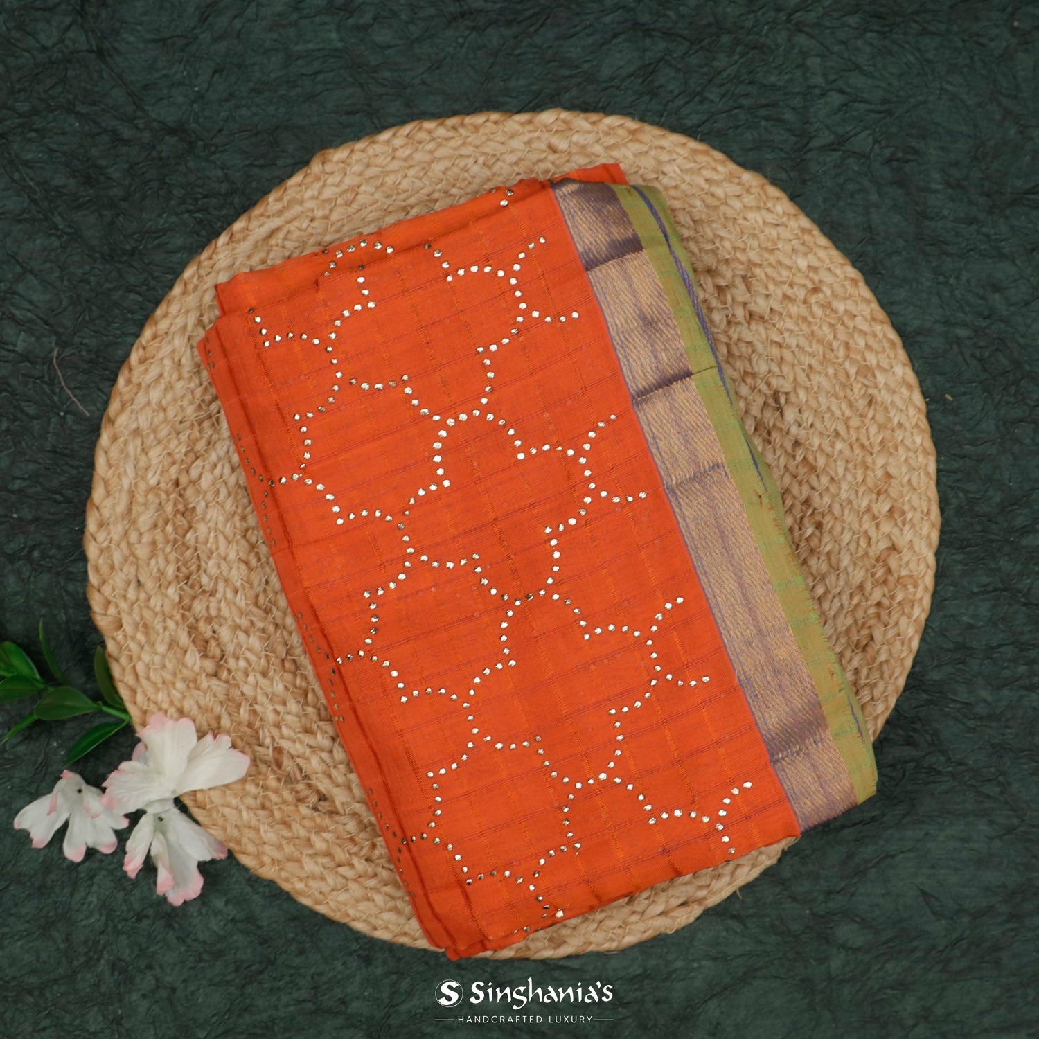 Pantone Orange Silk Saree With Mukaish Work In Grid Pattern