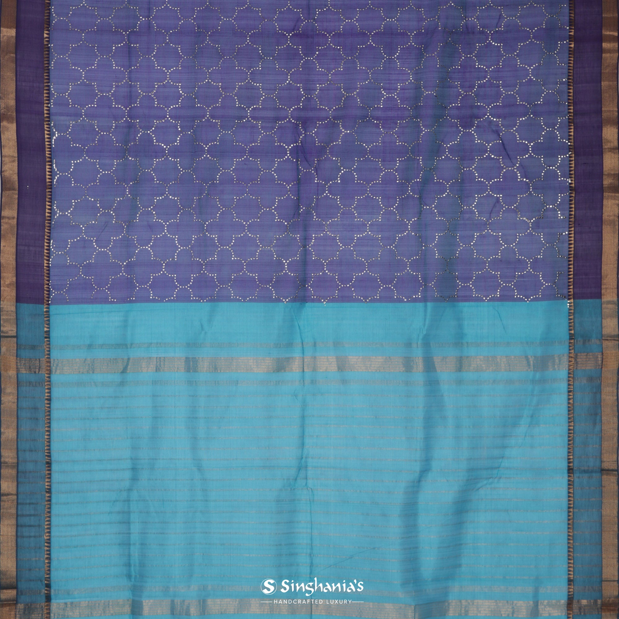 Independence Blue Silk Saree With Mukaish Work On Checks Pattern
