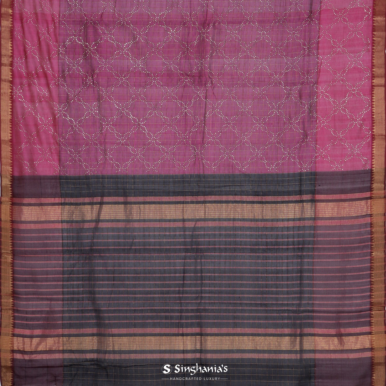 Rouge Pink Silk Saree With Mukaish Work In Floral Grid Pattern