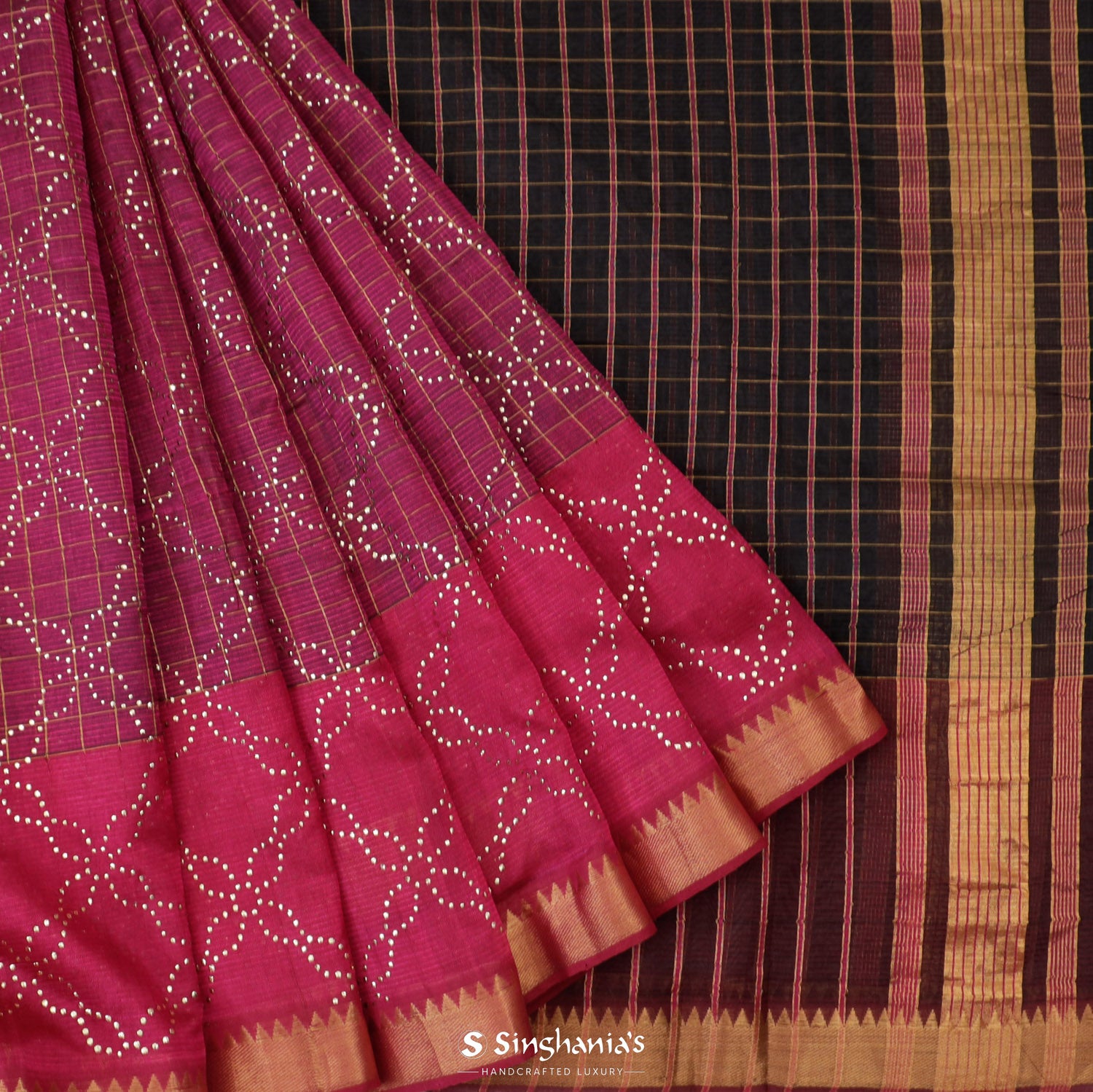 Rouge Pink Silk Saree With Mukaish Work In Floral Grid Pattern