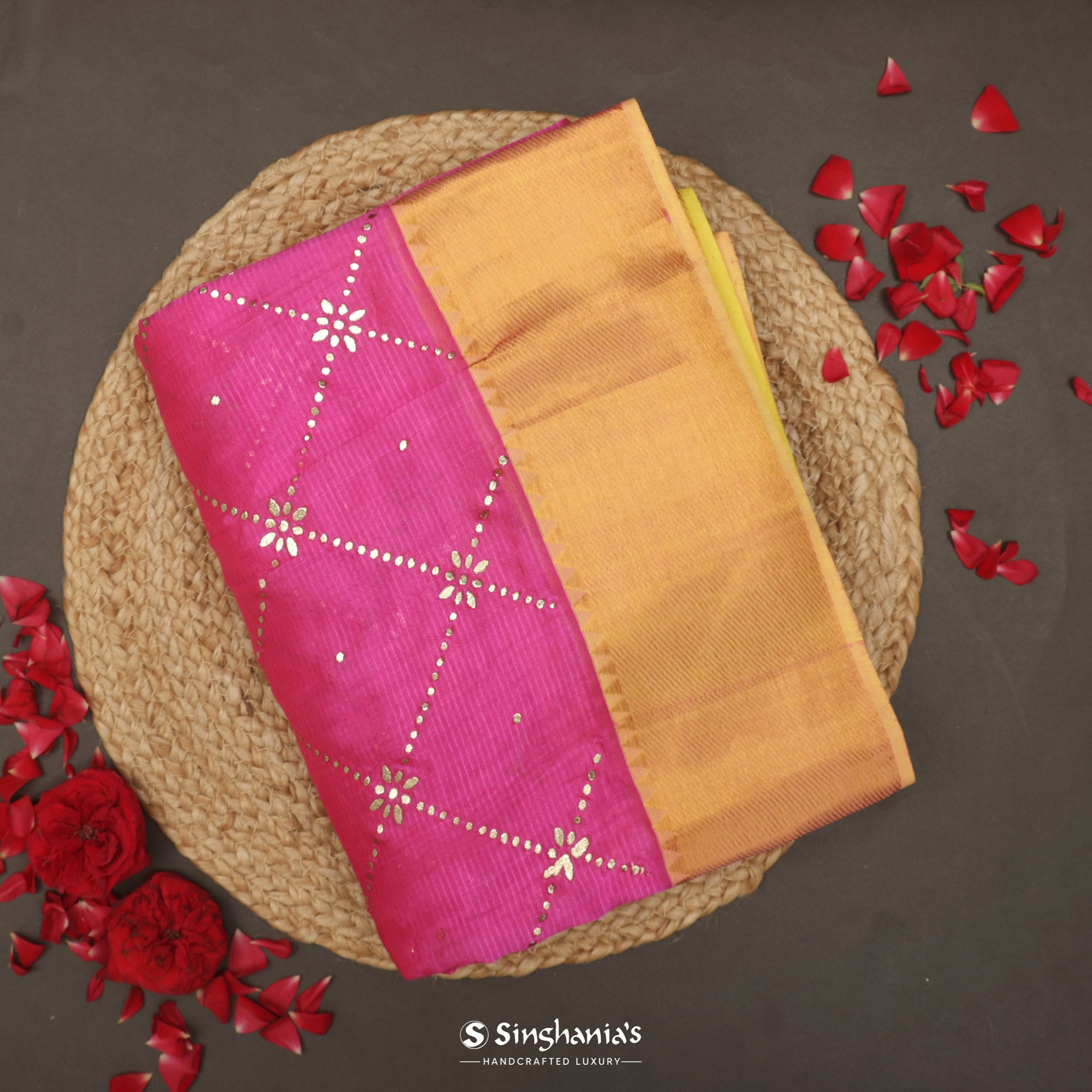 French Pink Silk Saree With Mukaish Work In Geometrical Pattern