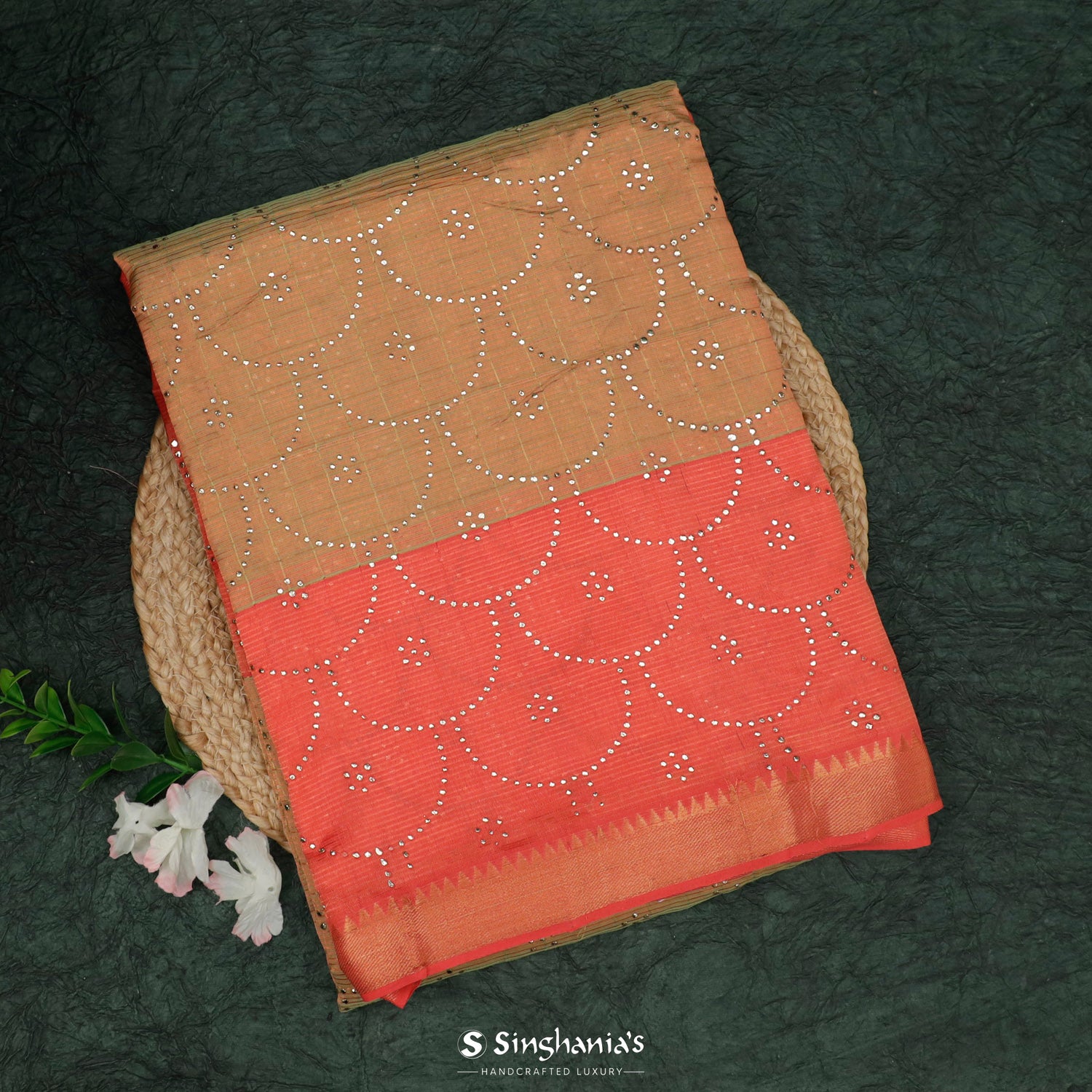 Pale Orange Silk Saree With Mukaish Work In Grid Pattern