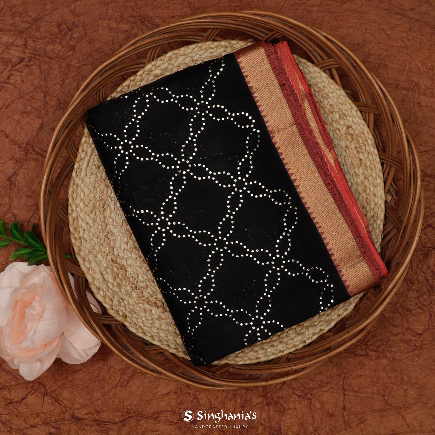 Deep Black Printed Silk Saree With Floral Pattern