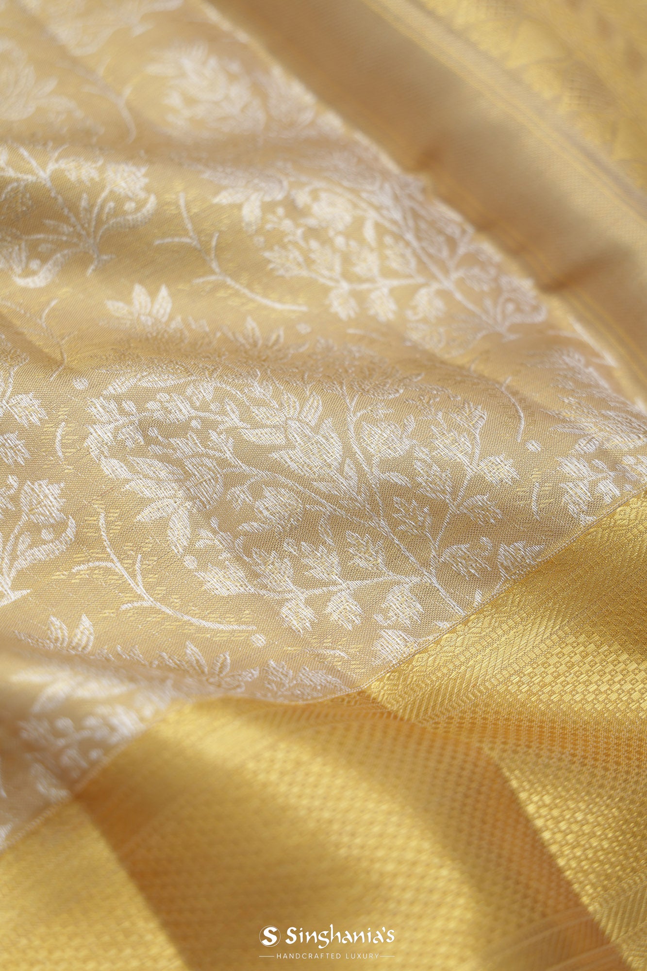 Golden Beige Tissue Kanjivaram Silk Saree With Jaal Design