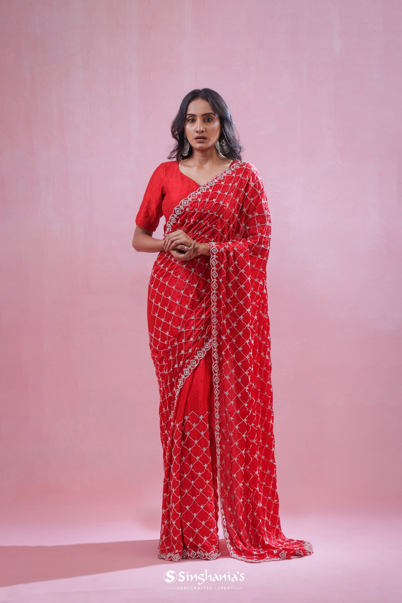Chilli Red Organza Saree With Hand Embroidery