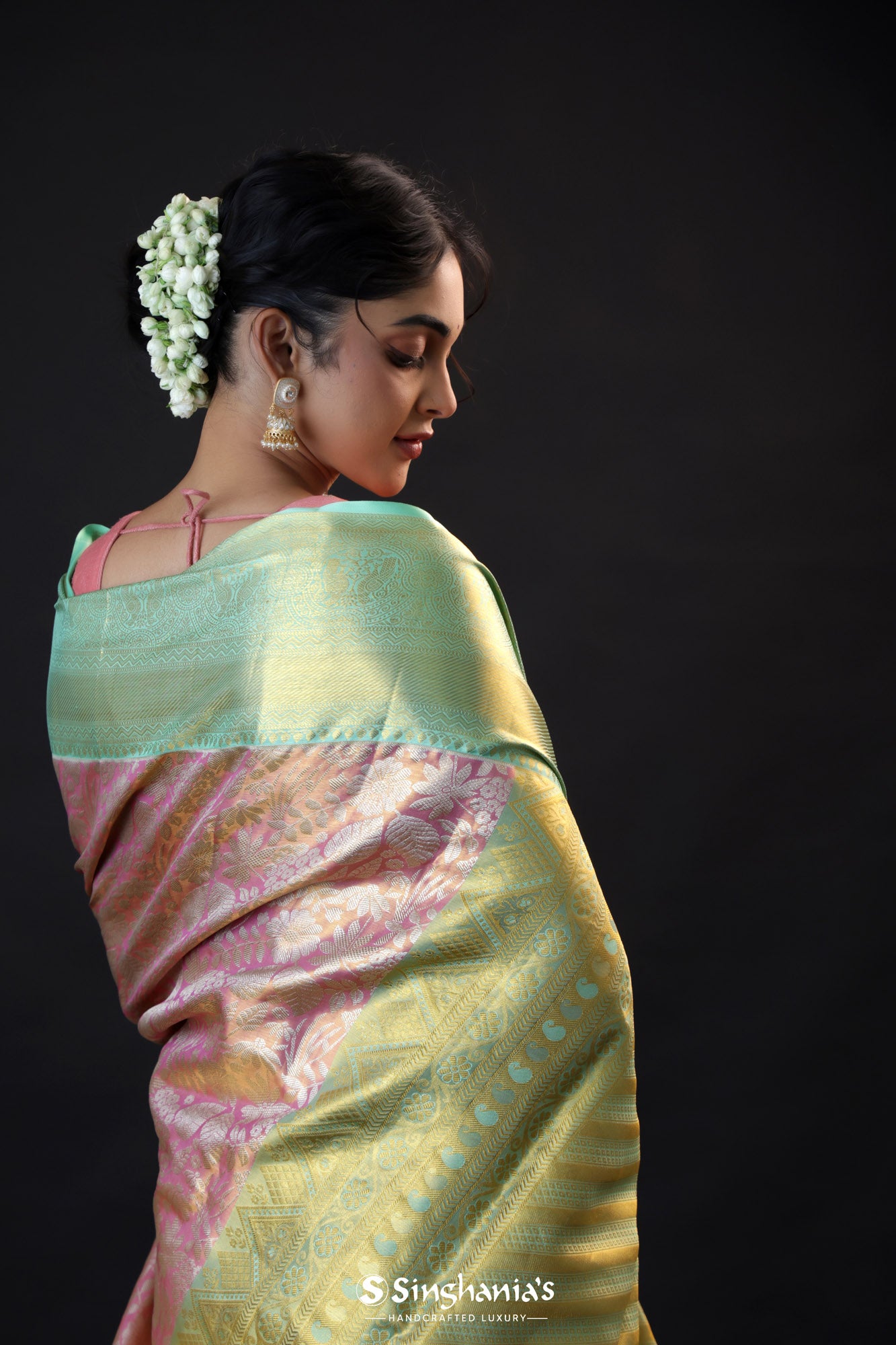 Pastel Peach Tissue Kanjivaram Silk Saree With Jaal Design