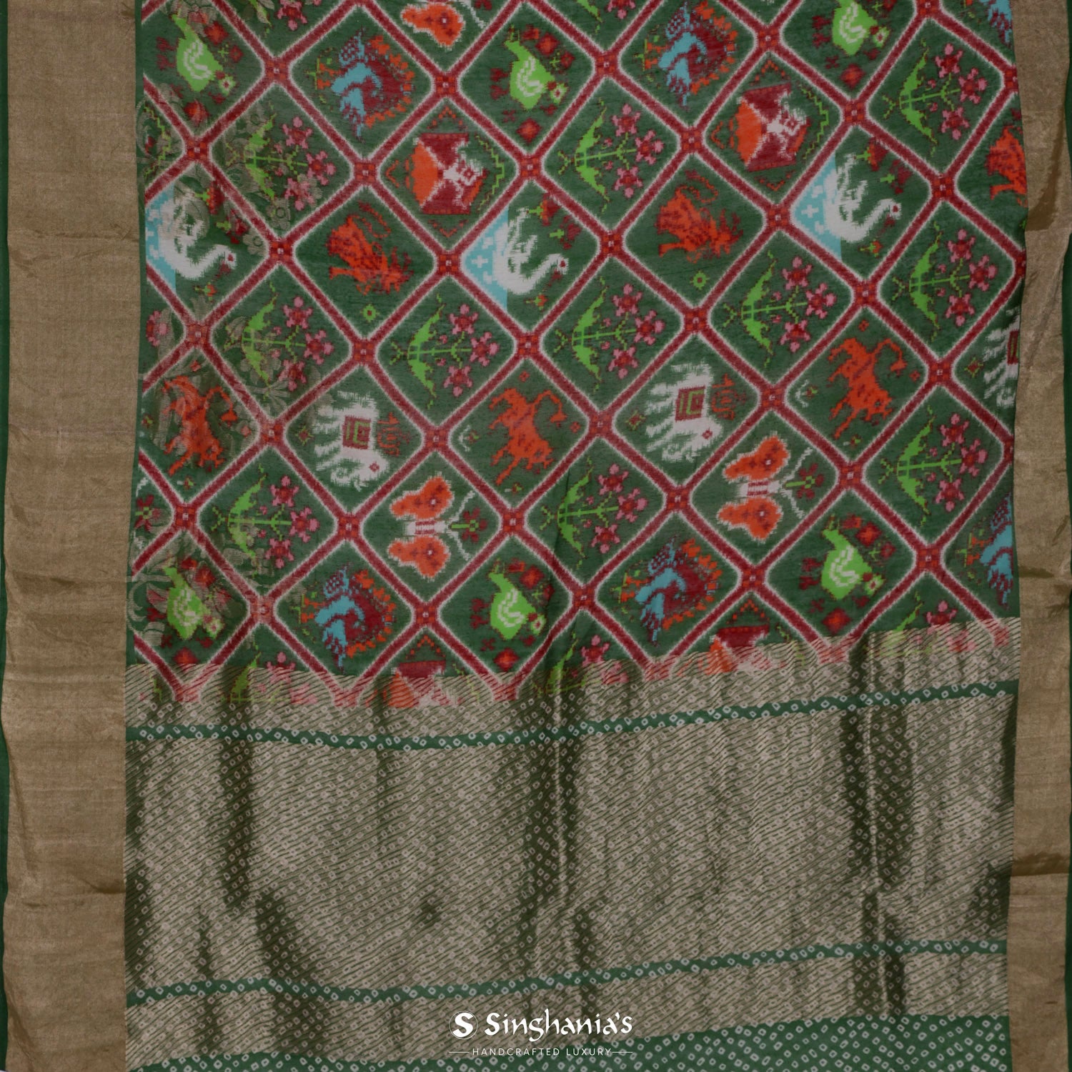 Amazon Green Matka Silk Saree With Printed Patan Patola Pattern
