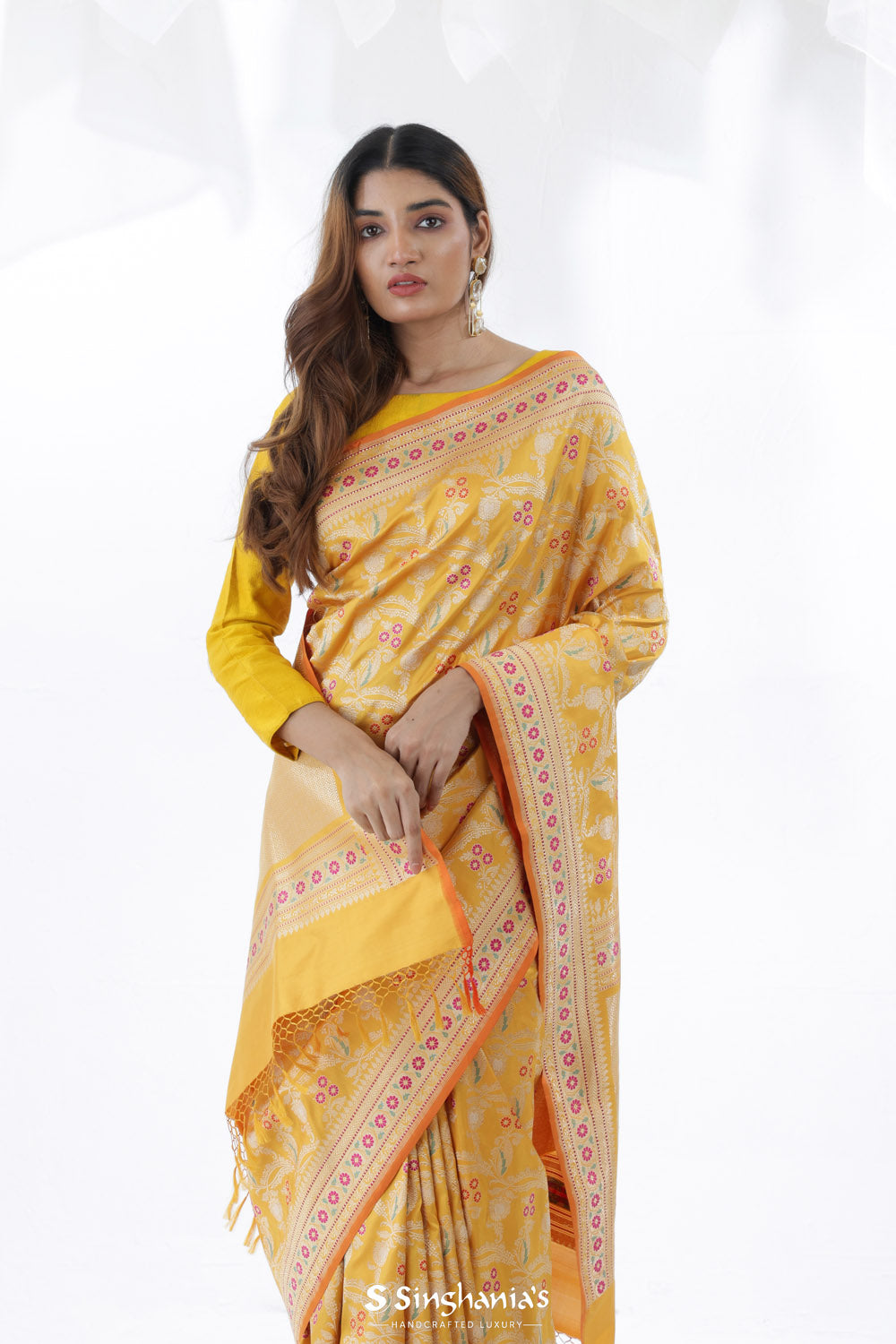 Saffron Yellow Banarasi Silk Saree With Floral Design