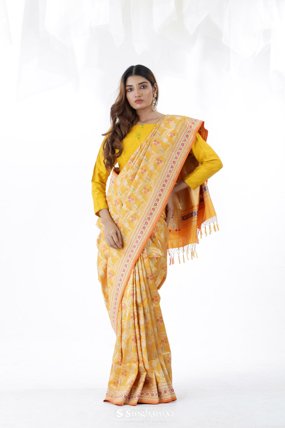 Saffron Yellow Banarasi Silk Saree With Floral Design