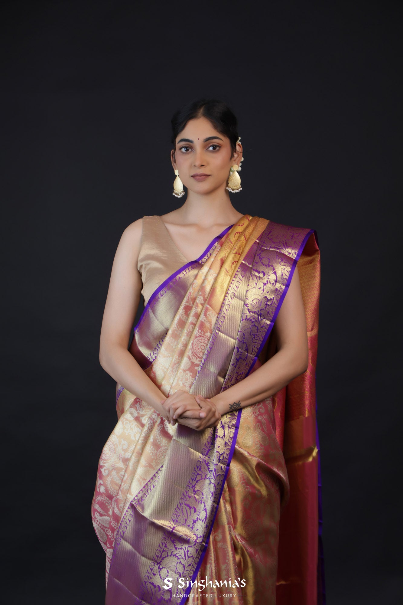 Pastel Peach And Gold Tissue Kanjivaram Silk Saree With Meenakari Jaal Design
