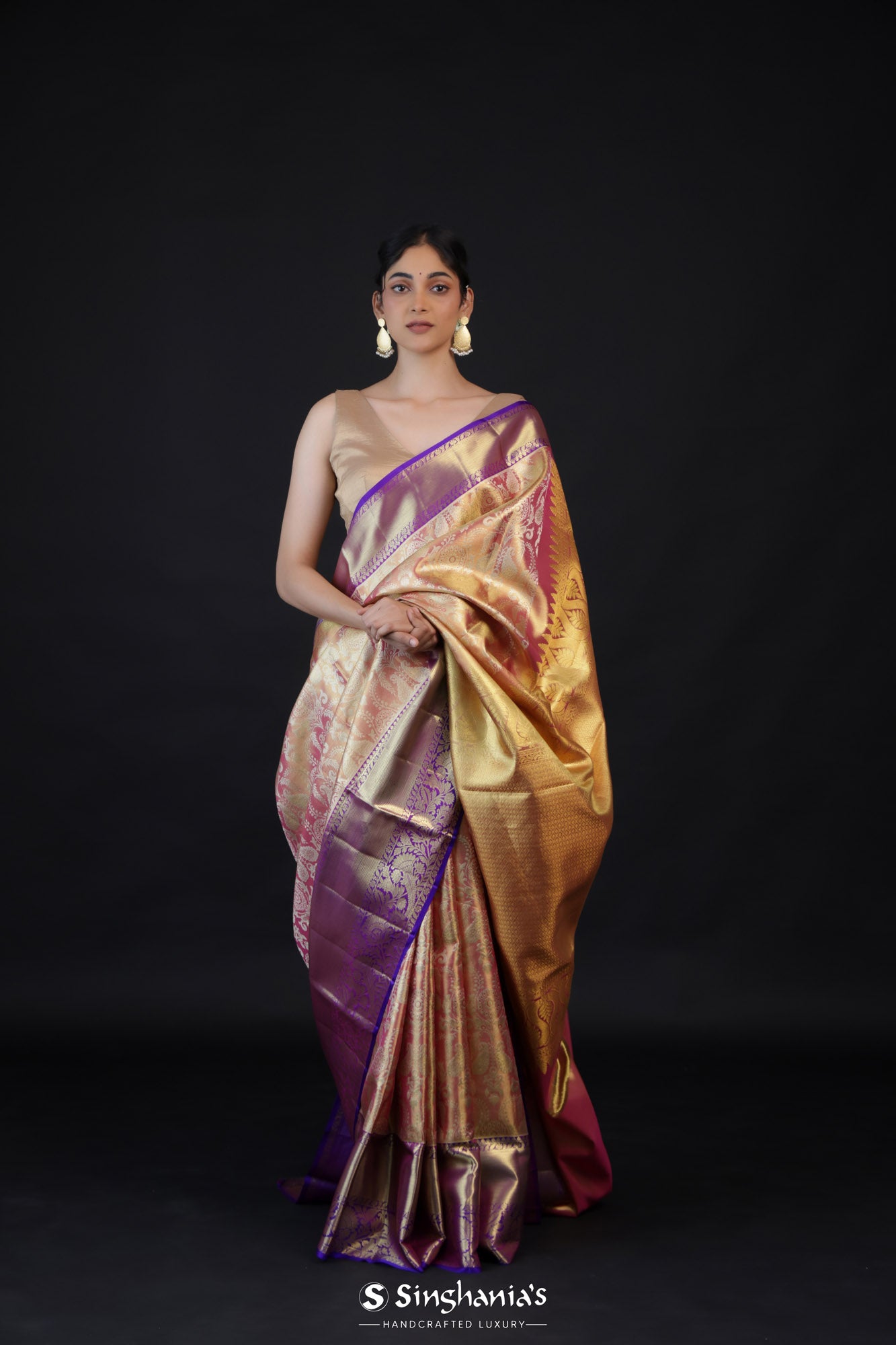 Pastel Peach And Gold Tissue Kanjivaram Silk Saree With Meenakari Jaal Design