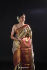 Olive Green And Gold Tissue Kanjivaram Silk Saree With Jaal Design