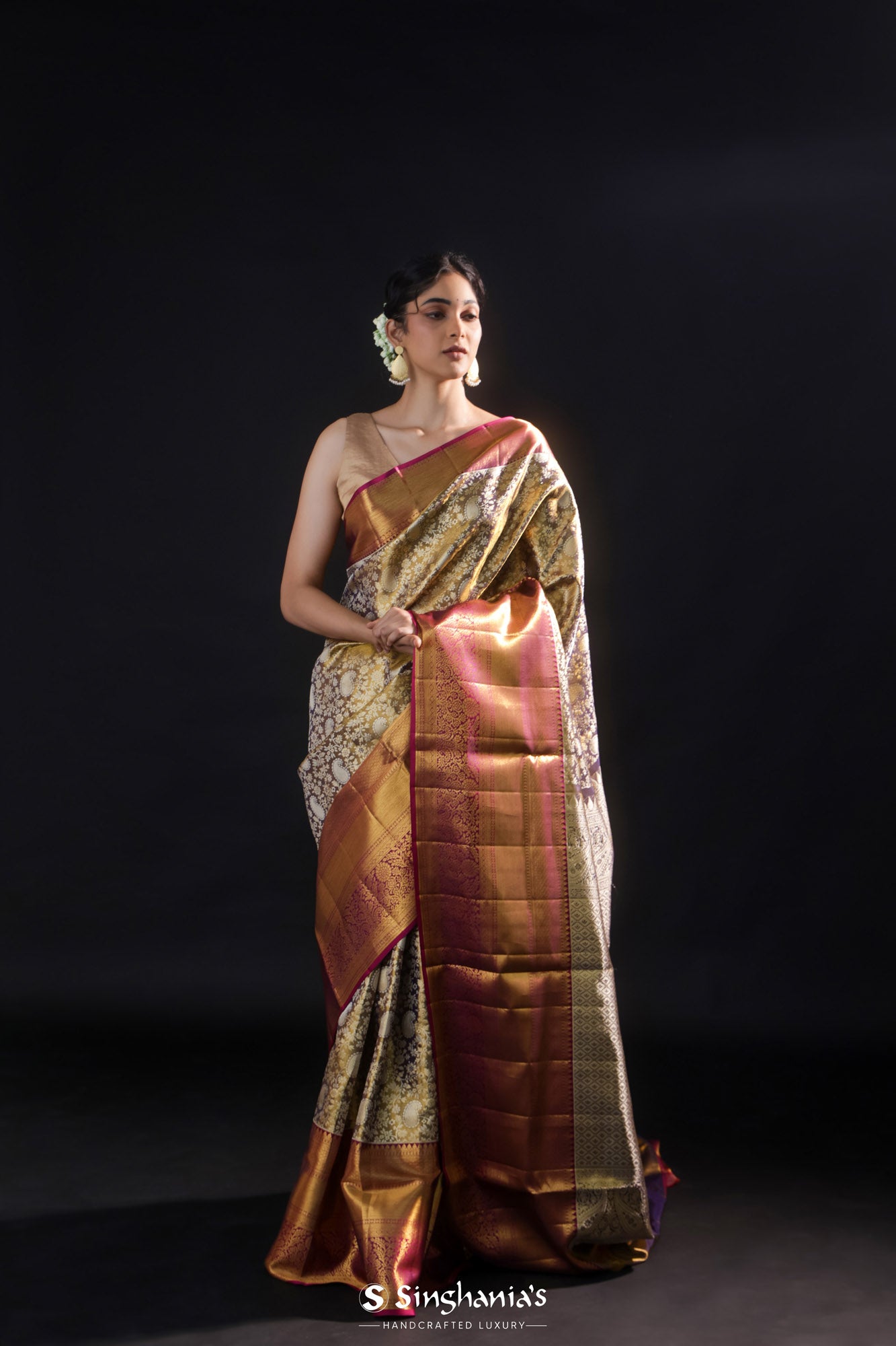 Olive Green And Gold Tissue Kanjivaram Silk Saree With Jaal Design