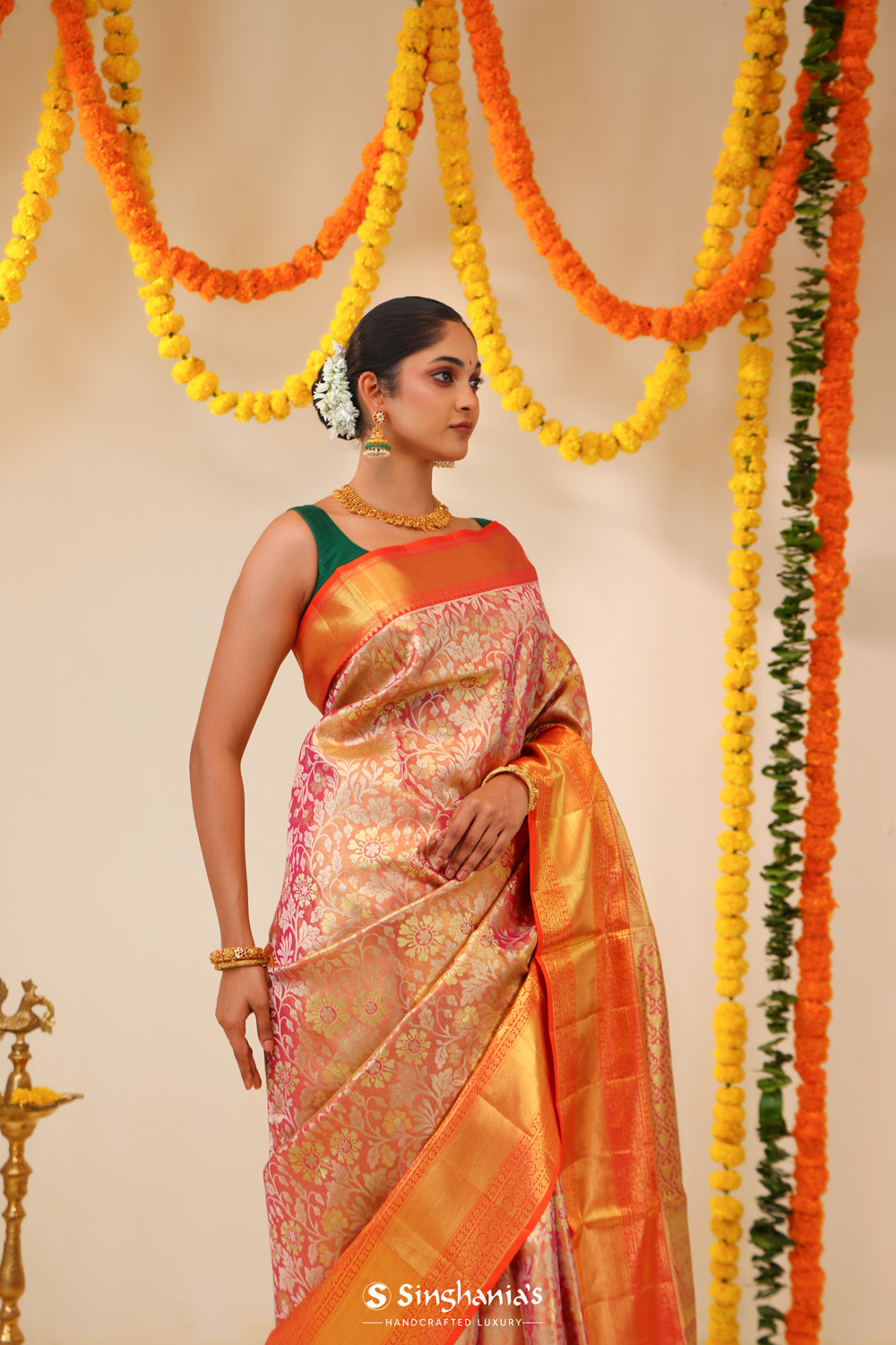 Pinkish Gold Tissue Kanjivaram Saree With Floral Jaal Weaving