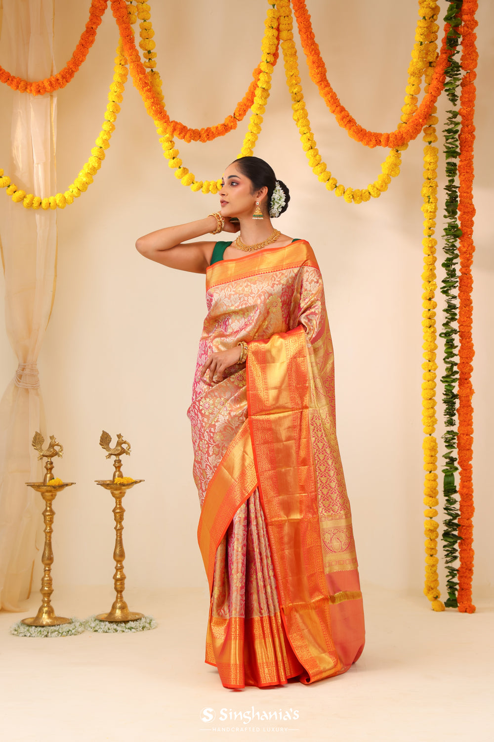 Pinkish Gold Tissue Kanjivaram Saree With Floral Jaal Weaving