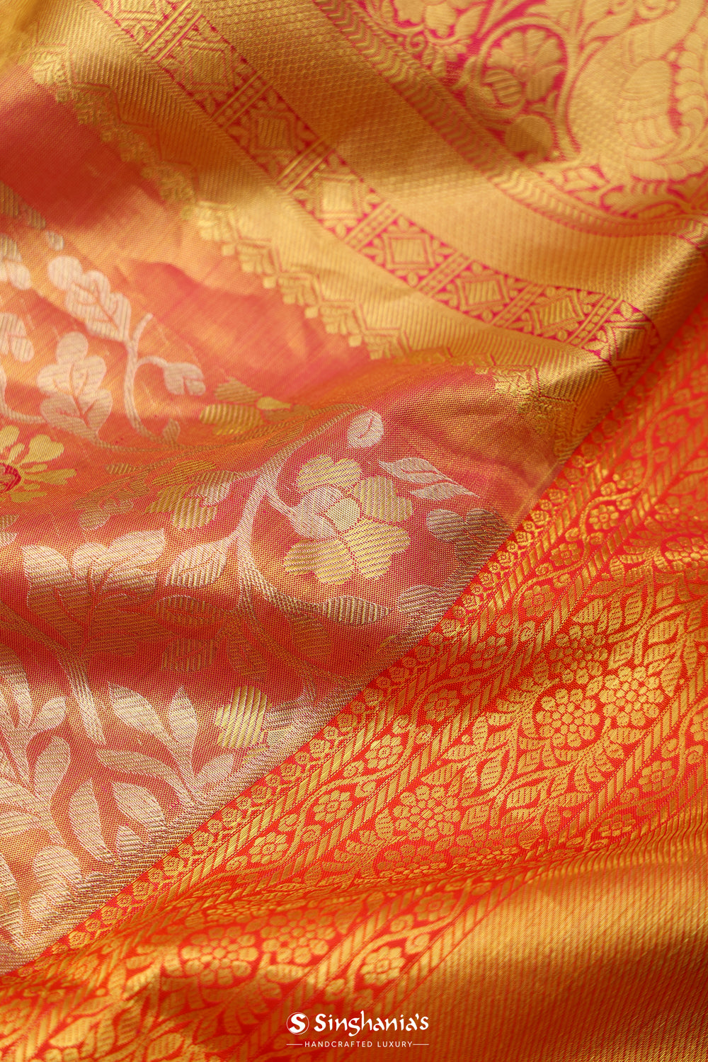 Pinkish Gold Tissue Kanjivaram Saree With Floral Jaal Weaving