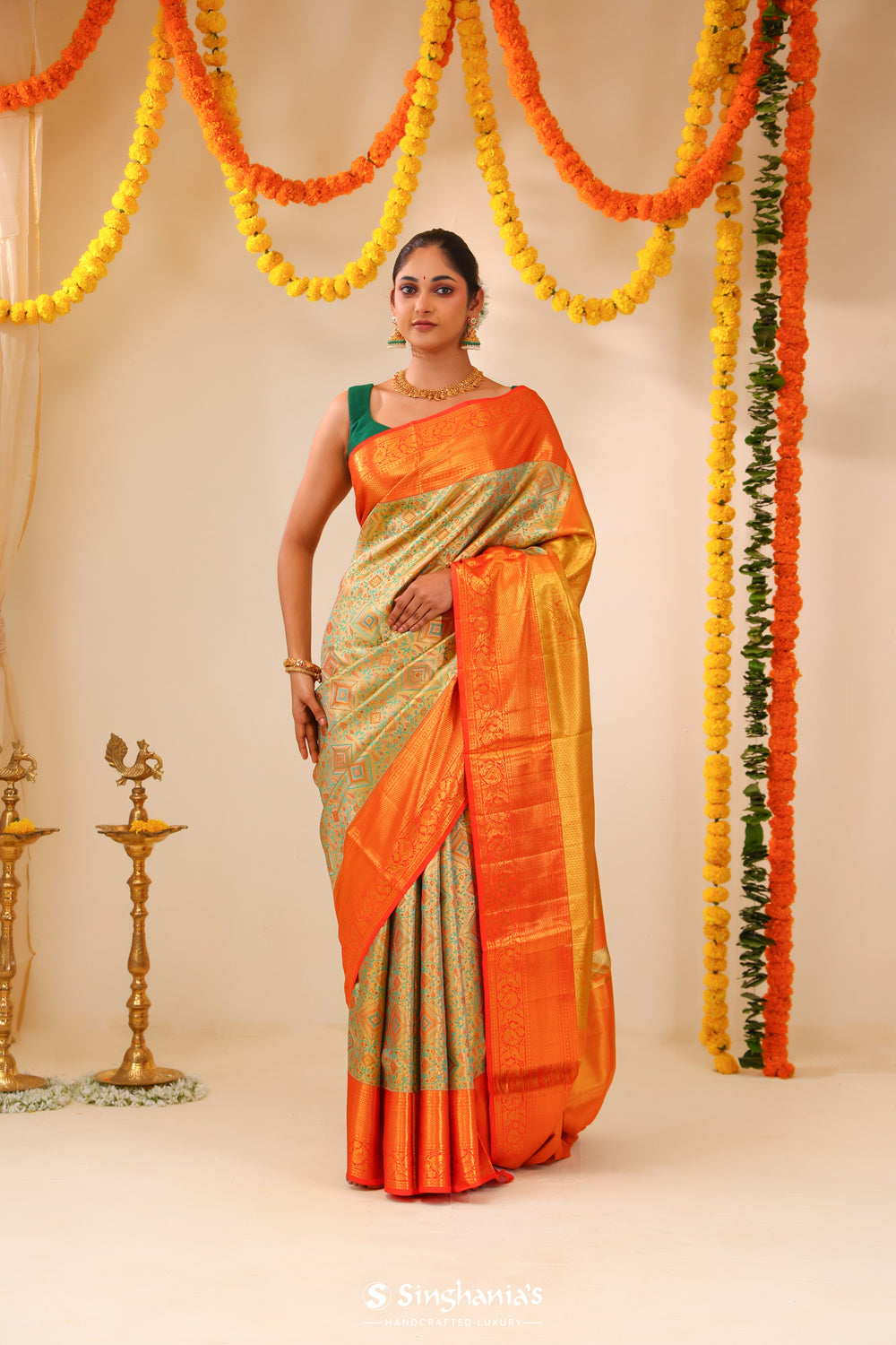 Green Gold Tissue Kanjivaram Saree With Floral Jaal Weaving