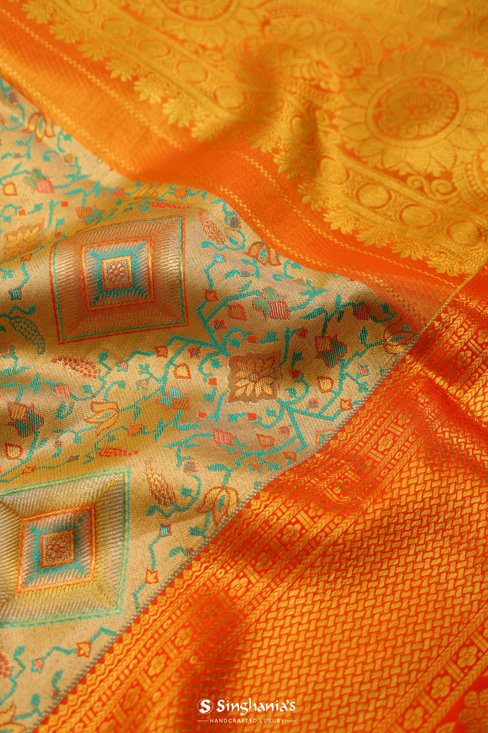 Green Gold Tissue Kanjivaram Saree With Floral Jaal Weaving