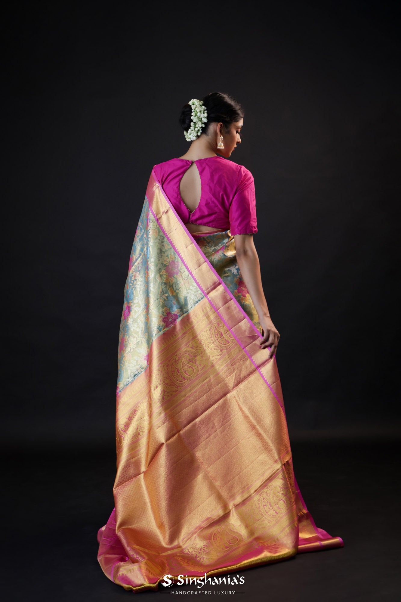 Morning Blue Tissue Kanjivaram Silk Saree With Meenakari Jaal Design