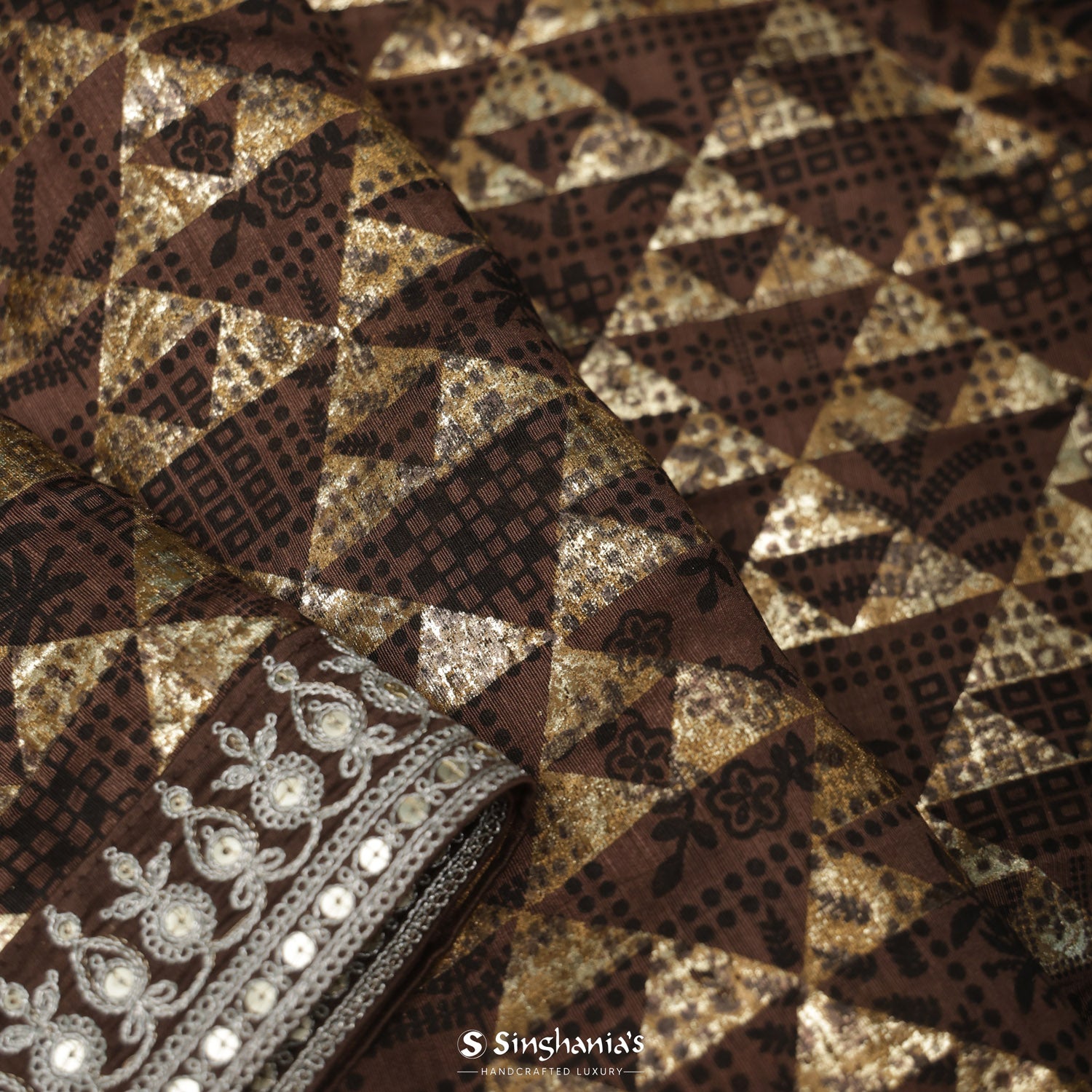 Dark Brown Printed Linen Saree With Floral Pattern & Foil Work
