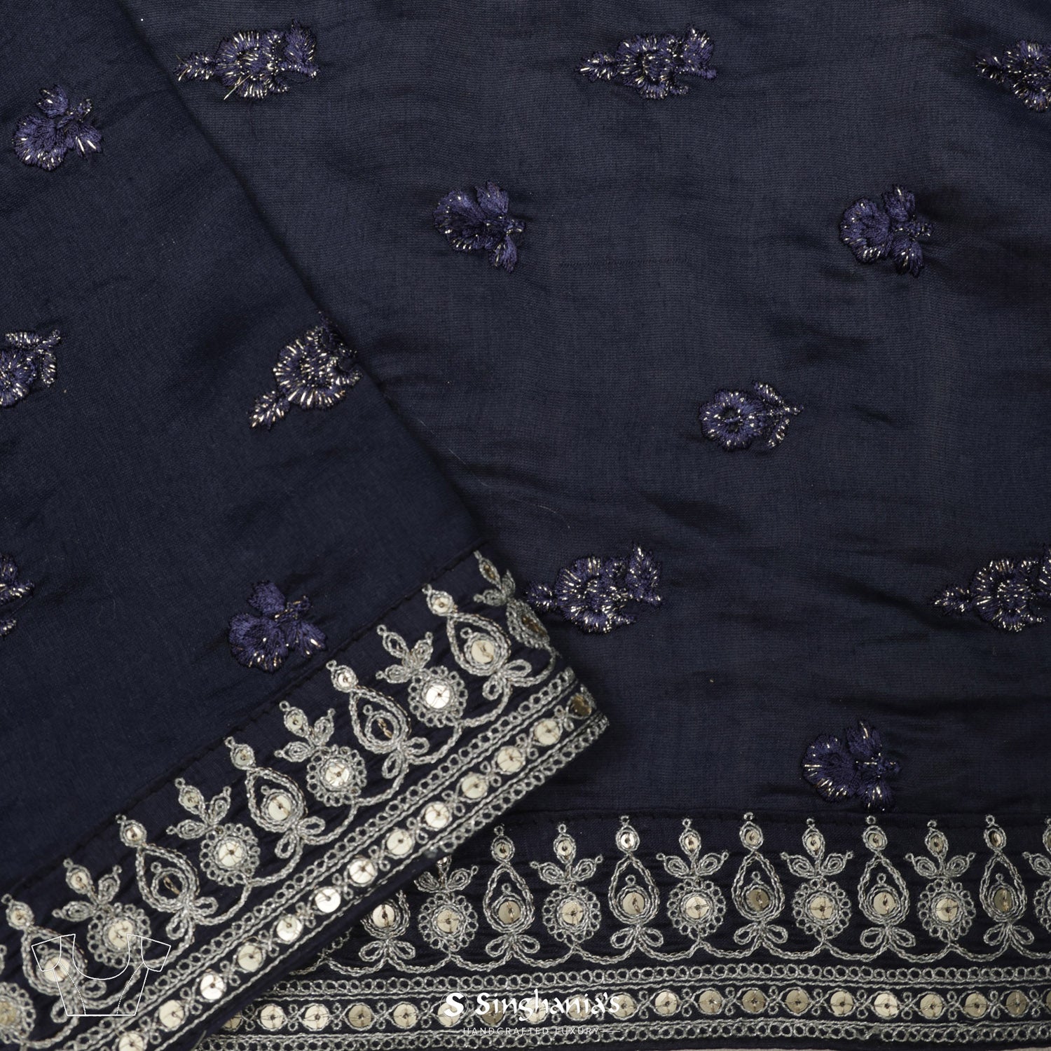 Independence Blue Printed Linen Saree With Floral-Leaf Pattern