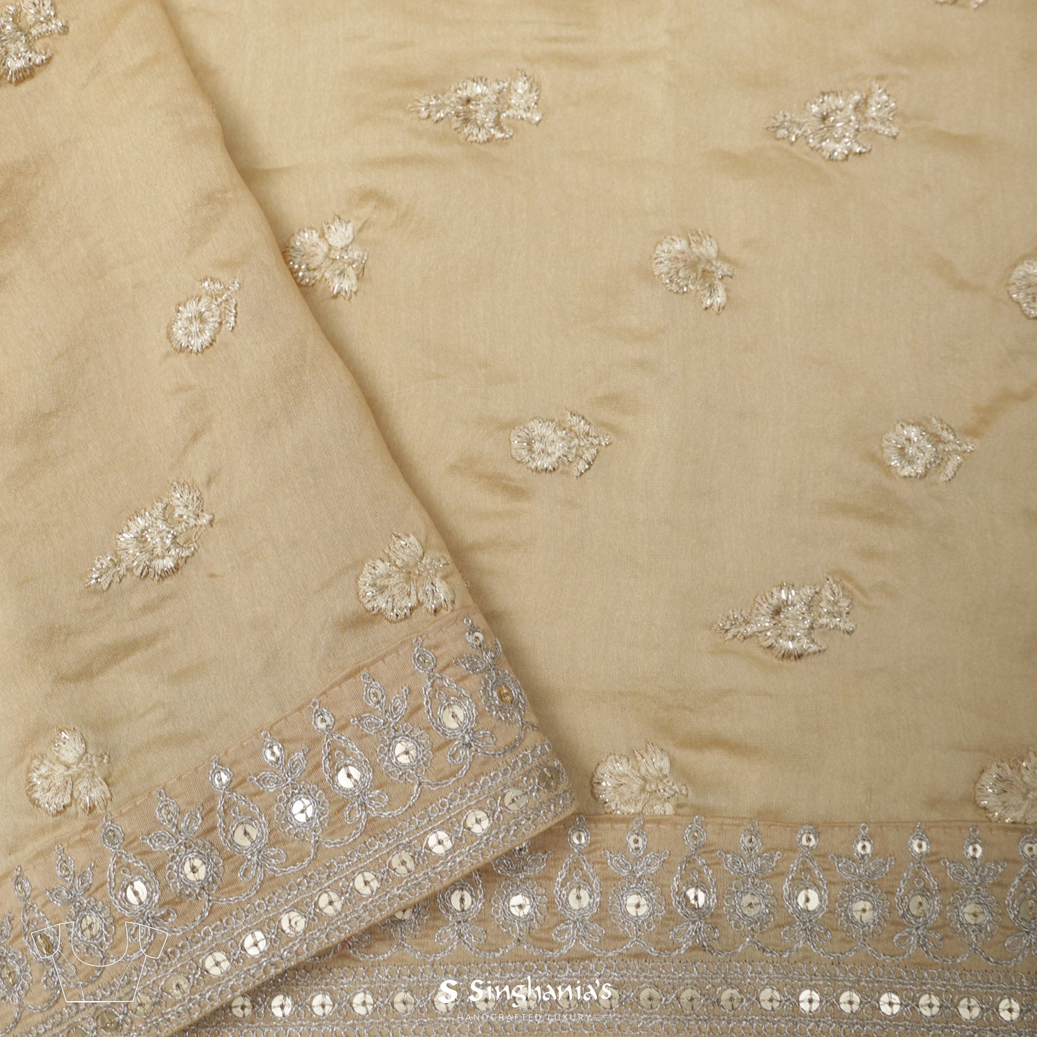 Cream Yellow Linen Saree With Printed Butti Pattern And Floral Foil Work