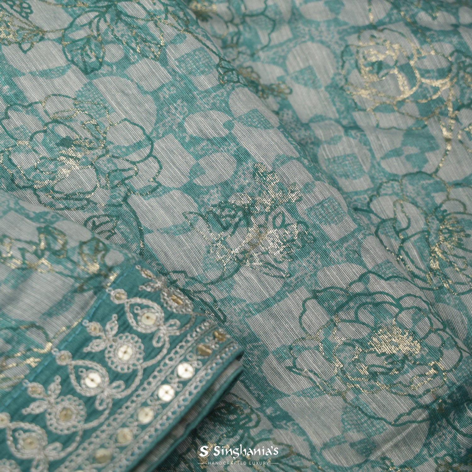 Light Gray Printed Linen Saree With Abstract Pattern And Foil Work
