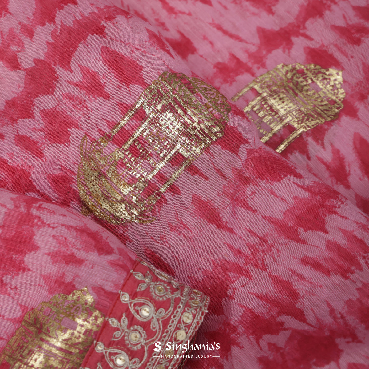 Carnation Pink Linen Saree With Shibori Print With Foil Work
