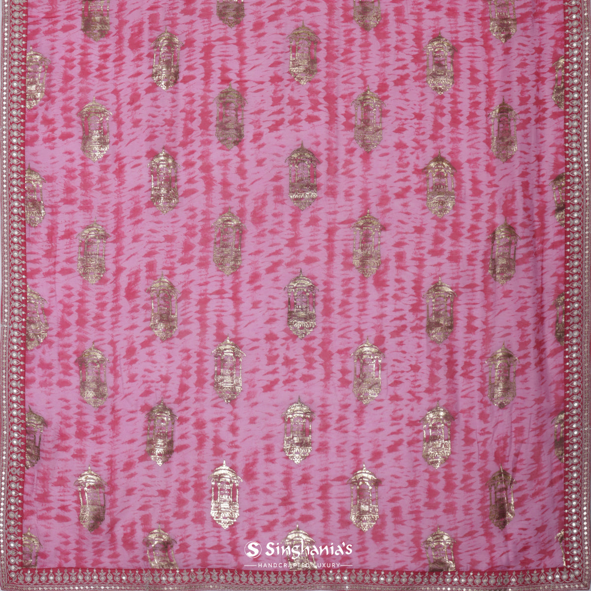 Carnation Pink Linen Saree With Shibori Print With Foil Work