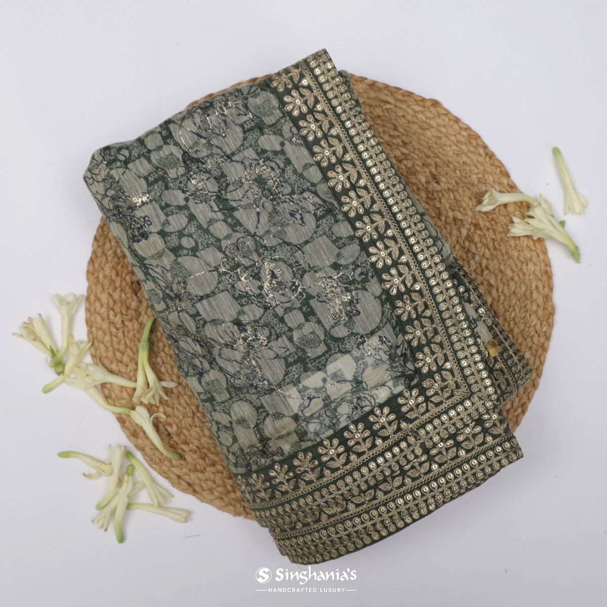 Reseda Green Linen Saree With Abstract Pattern