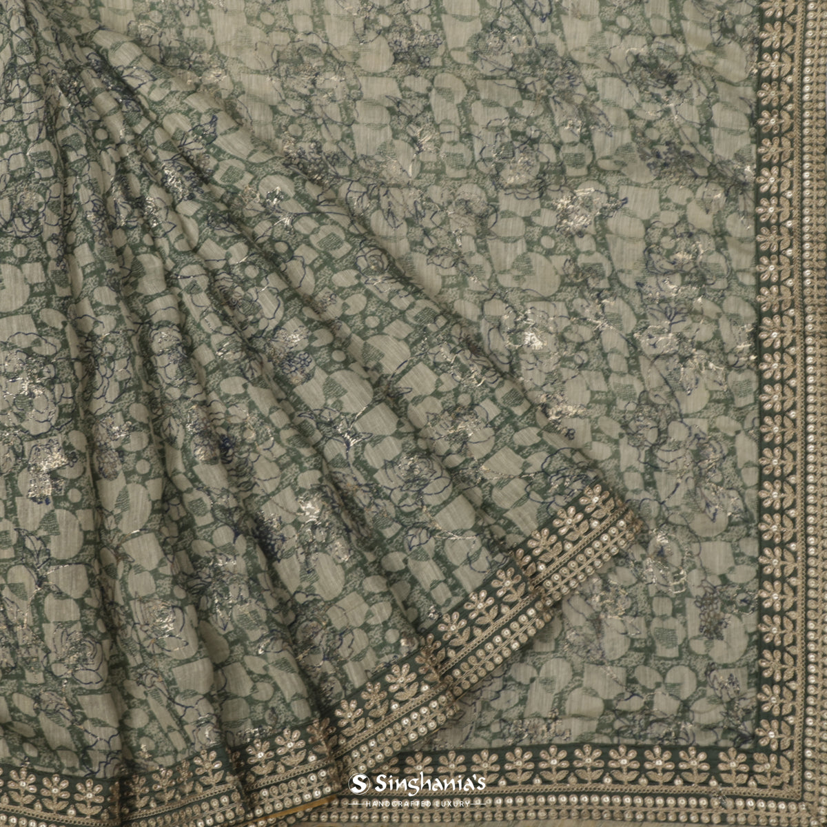 Reseda Green Linen Saree With Abstract Pattern