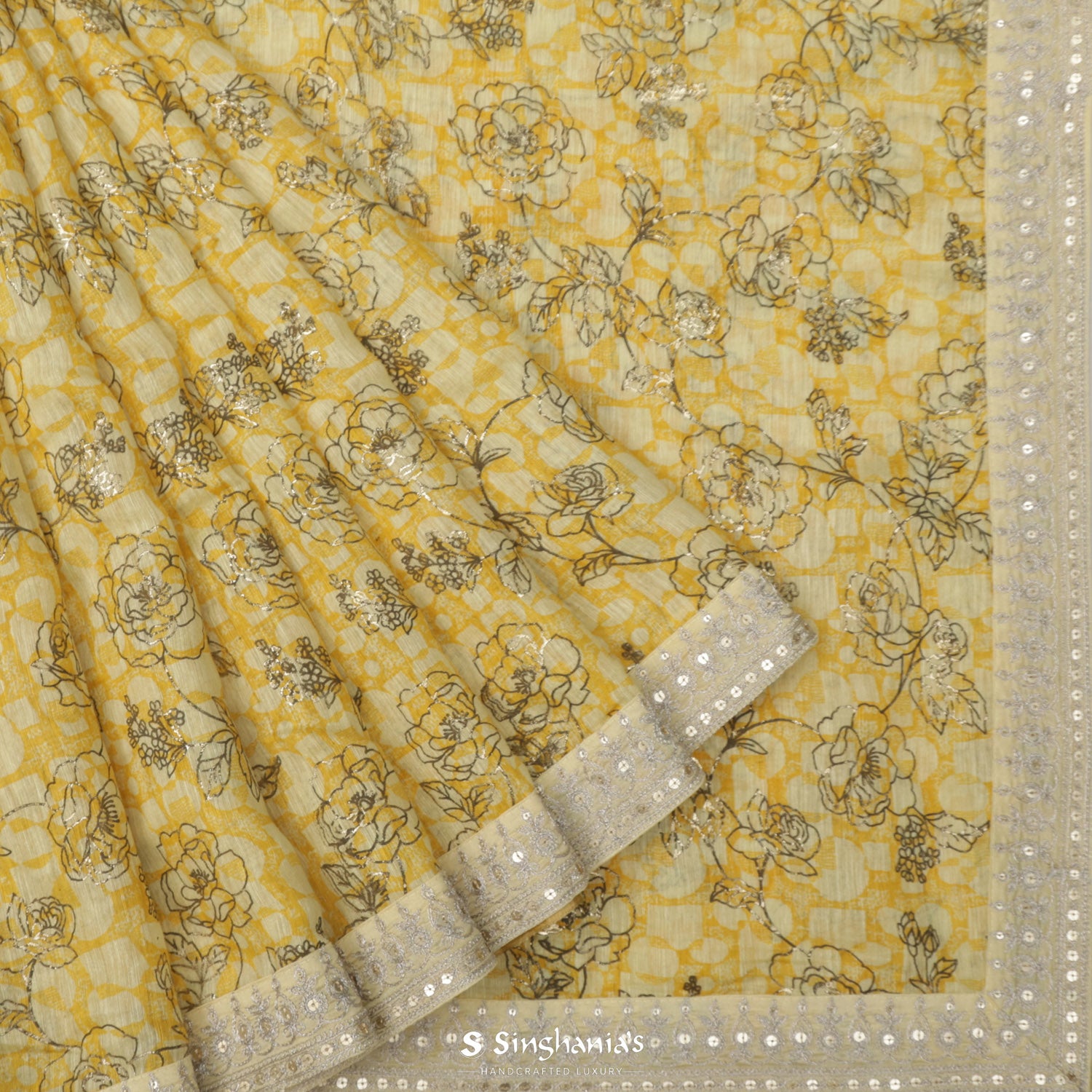 Cream Yellow Printed Linen Saree With Abstract Pattern