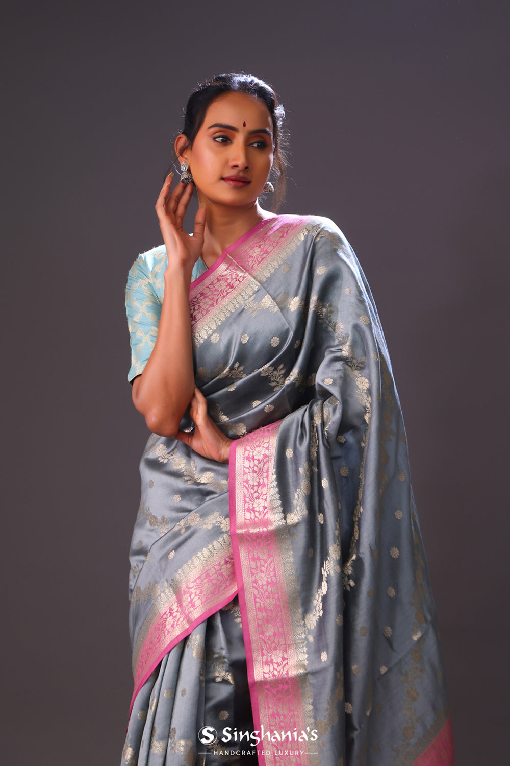 Slate Grey Floral Chiniya Banarasi Silk Saree