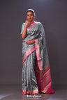 Slate Grey Floral Chiniya Banarasi Silk Saree