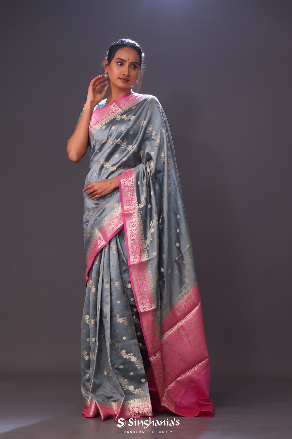 Slate Grey Floral Chiniya Banarasi Silk Saree