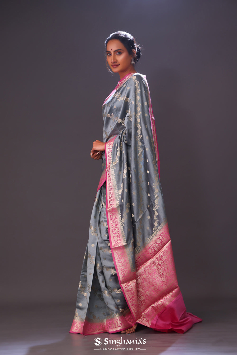 Slate Grey Floral Chiniya Banarasi Silk Saree