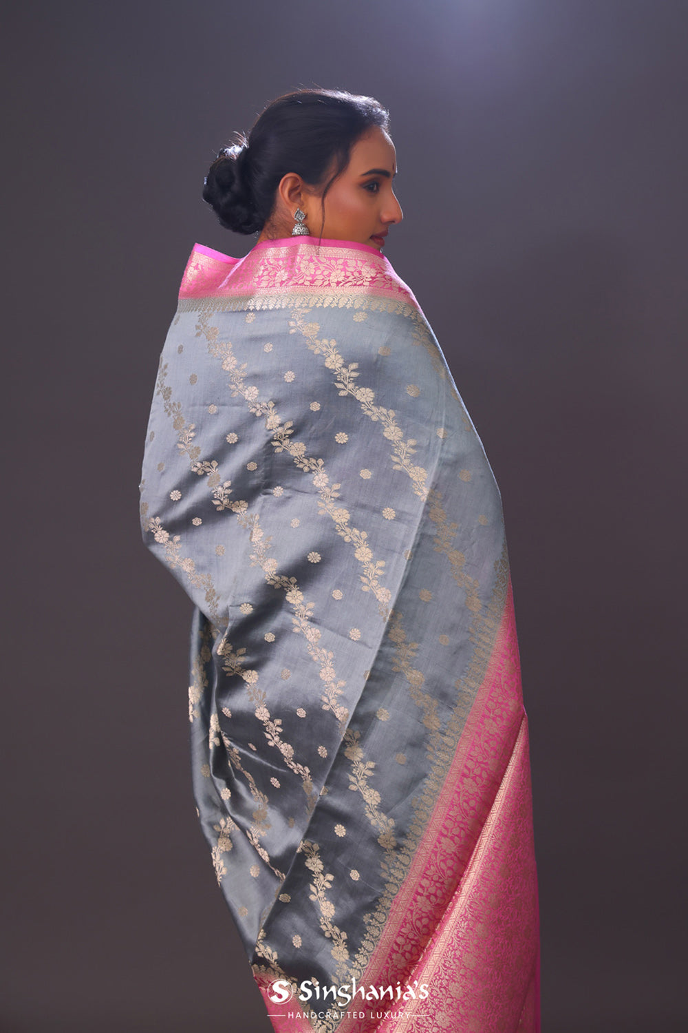 Slate Grey Floral Chiniya Banarasi Silk Saree